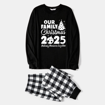 Chic und Stil | Our Family Christmas 2025 Joint Memories' Letter Print Black Long Sleeve Shirt with Black and White Checkered Pants Family Matching Pajamas