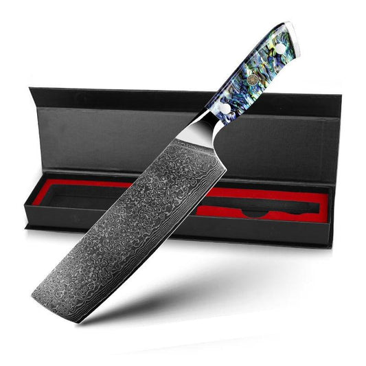 Couteau de Chef Nakiri 7”, Lame en Damas et Poignée en Coquille d'Abalone - ChicUndStil