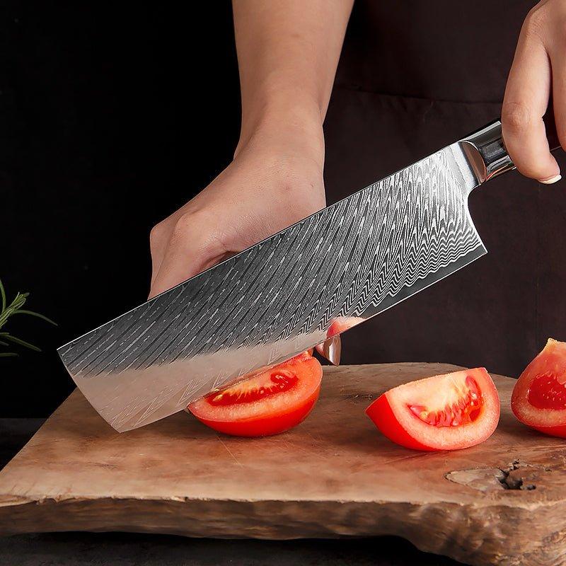 Couteau de Chef Nakiri 7”, Lame en Damas et Poignée en Coquille d'Abalone - ChicUndStil