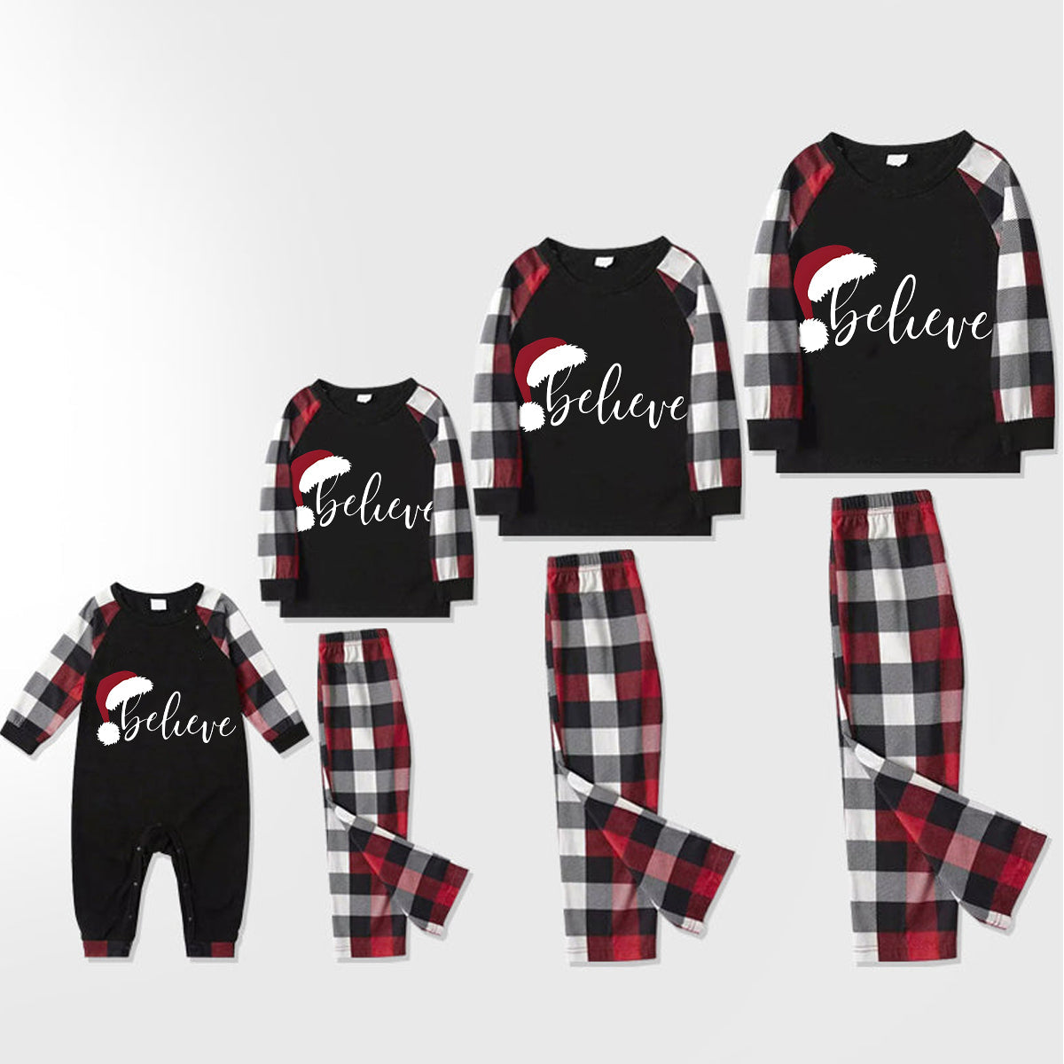 Chic und Stil | Santa Claus print pattern casual long sleeve sweatshirts contrast tops and red & black & white checked pants family matching pajama set with pet bandana
