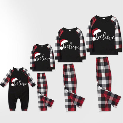Chic und Stil | Christmas hat and 'Believe' letter print patterned check sleeves contrast tops and red & black & white check pants family pajama set with dog bandana