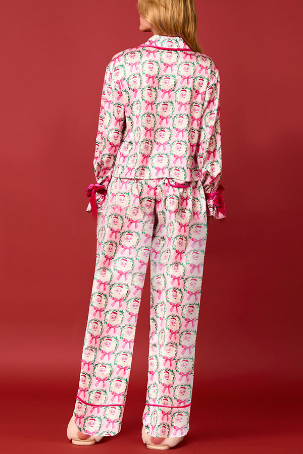 Chic und Stil | Christmas Printed Velvet Lacing Long Sleeve Bag Top and Elastic Waist Pants Set