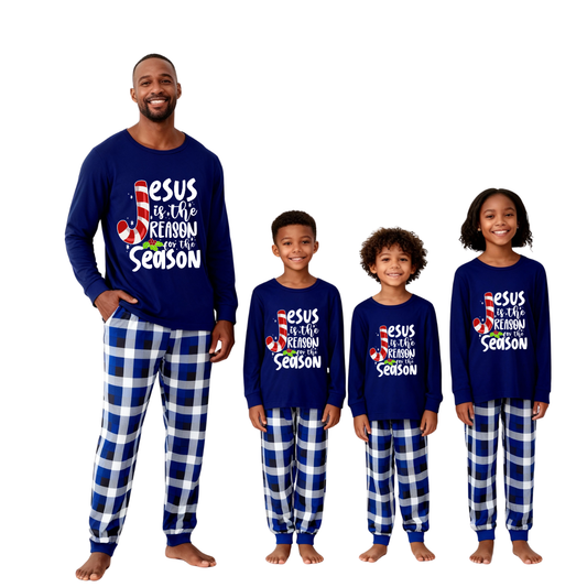 Chic und Stil | Christmas Jesus White Letters Print Contrast Blue Long Sleeve Shirt with Blue and White Checkered Pants Family Matching Pajamas