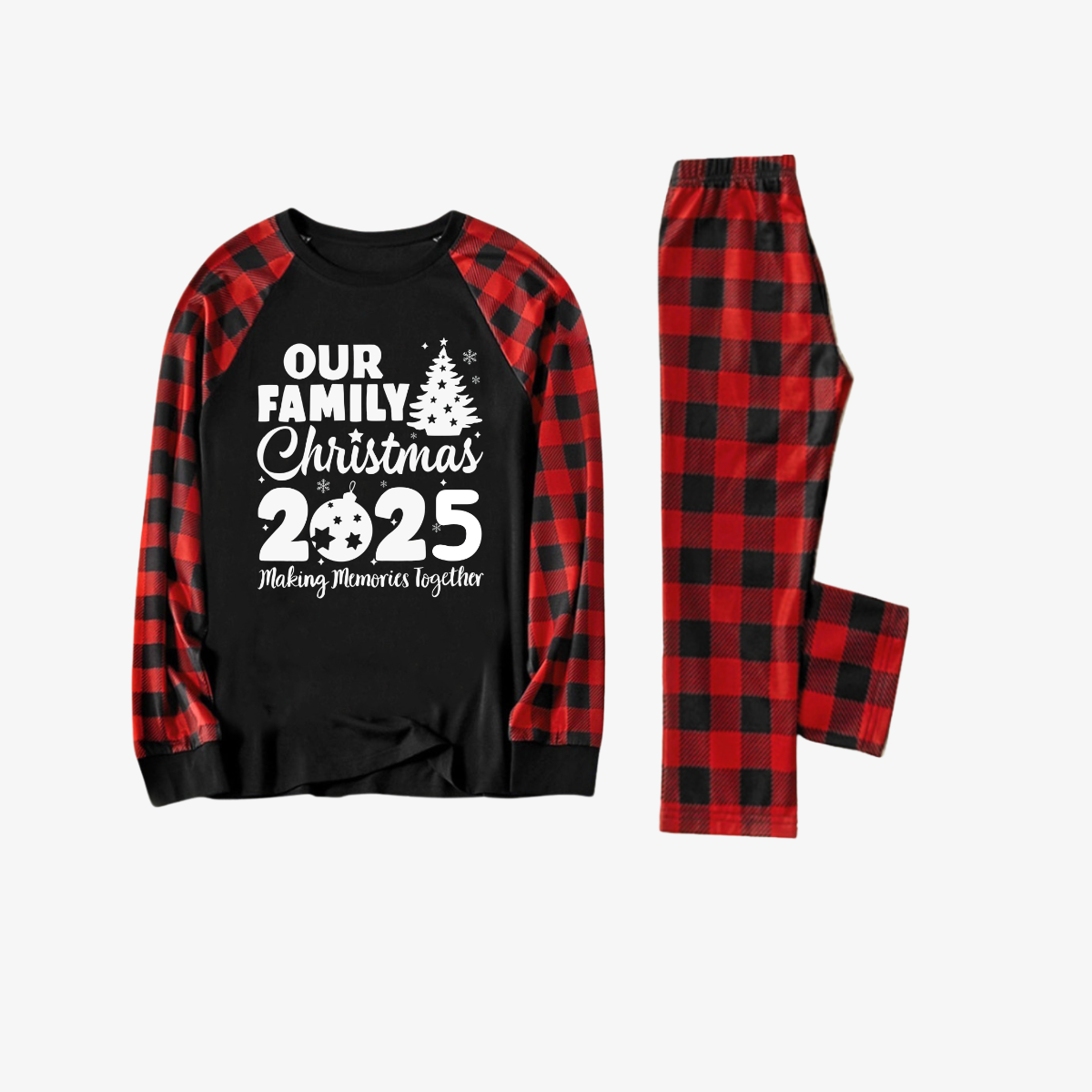 Chic und Stil | Christmas tree & "2025 Creating Memories Together" patterned contrast top and black-red checkered pants family matching pajama set