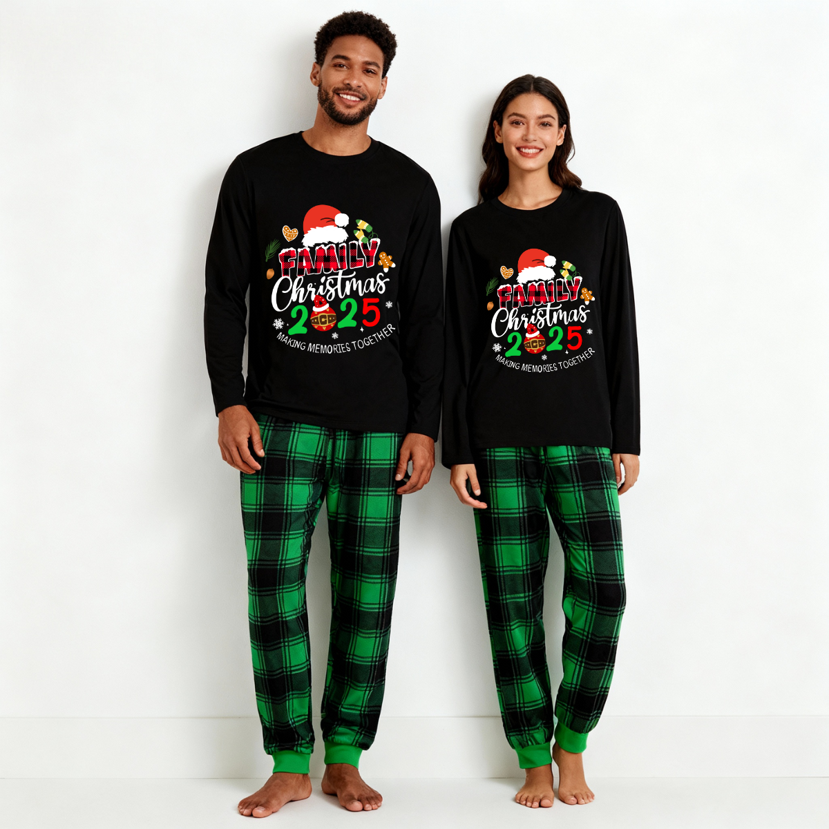 Chic und Stil | "Shared Memories Christmas 2025" Print Black and Green Checked Pants Family Matching Pajamas