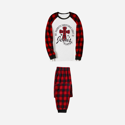 Chic und Stil | My favorite Christmas light is Jesus Family Christmas Pajama Set - White top with red checkered sleeves and red checkered pants