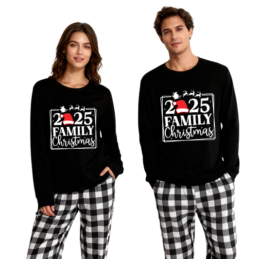 Chic und Stil | "2025 FAMILY CHRISTMAS" text and sled pattern - Black long sleeve top with black and white checkered pants family matching pajamas