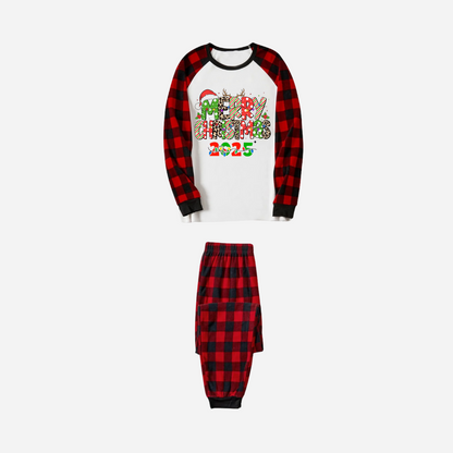 Chic und Stil | Merry Christmas 2025 Family Christmas Pajama Set - White Top with Red Checkered Sleeves and Red Checkered Pants