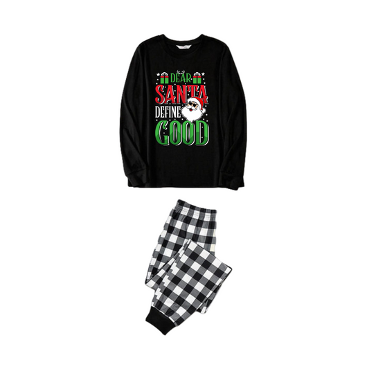 Chic und Stil | "Dear Santa Claus, define good" slogan printed black-and-white checkered pants family matching pajamas