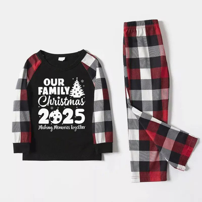Chic und Stil | Christmas Tree & "2025 Create Memories Together" Tops with Contrast Checkered Sleeves and Red & Black & White Checkered Pants Matching Family Pajama Set with Dog Bandana