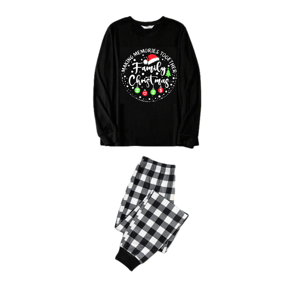 Chic und Stil | "SHARED MEMORIES FAMILY CHRISTMAS 2025" Text pattern - Black long sleeve shirt with black and white checked pants Family matching pajamas