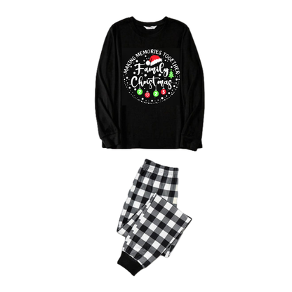 Chic und Stil | "SHARED MEMORIES FAMILY CHRISTMAS 2025" Text pattern - Black long sleeve shirt with black and white checked pants Family matching pajamas