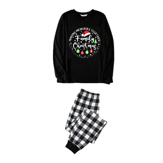 Chic und Stil | "SHARED MEMORIES FAMILY CHRISTMAS 2025" Text pattern - Black long sleeve shirt with black and white checked pants Family matching pajamas