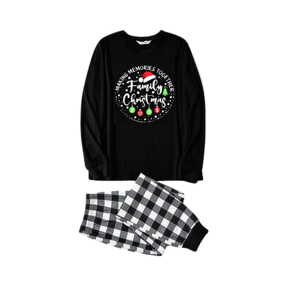Chic und Stil | "SHARED MEMORIES FAMILY CHRISTMAS 2025" Text pattern - Black long sleeve shirt with black and white checked pants Family matching pajamas