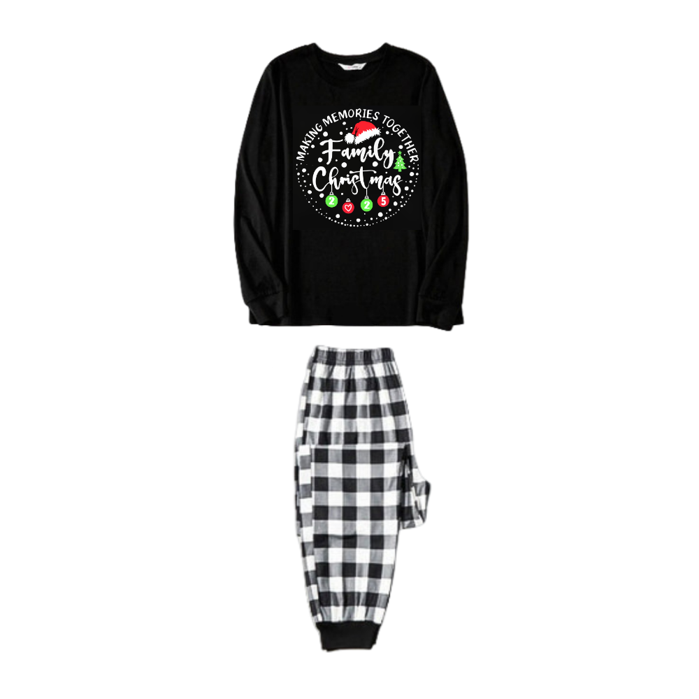 Chic und Stil | "SHARED MEMORIES FAMILY CHRISTMAS 2025" Text pattern - Black long sleeve shirt with black and white checked pants Family matching pajamas