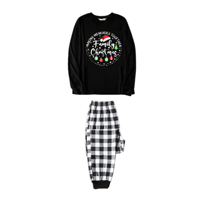 Chic und Stil | "SHARED MEMORIES FAMILY CHRISTMAS 2025" Text pattern - Black long sleeve shirt with black and white checked pants Family matching pajamas