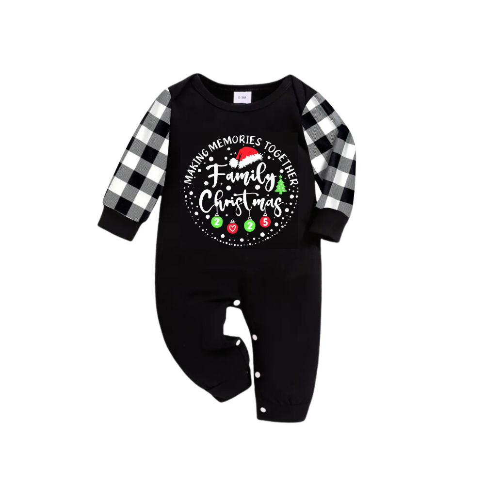 Chic und Stil | "SHARED MEMORIES FAMILY CHRISTMAS 2025" Text pattern - Black long sleeve shirt with black and white checked pants Family matching pajamas