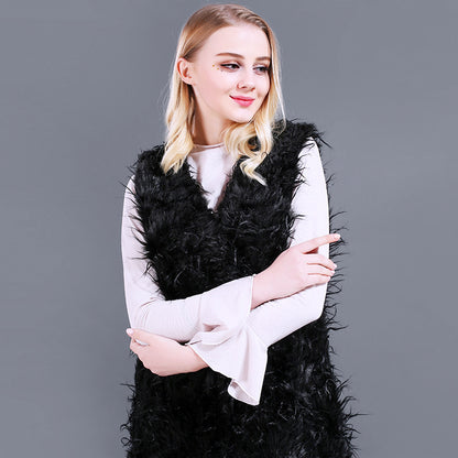 Dames Gilet Kaftan en peluche en fausse fourrure avec décolleté en V profond et poches latérales Chic und Stil