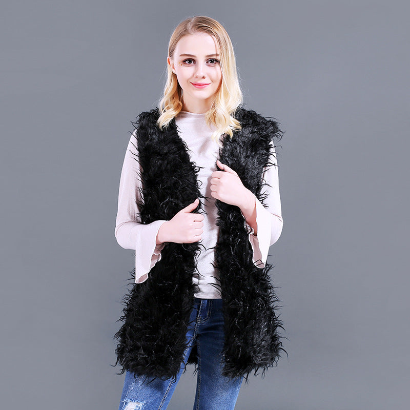 Dames Gilet Kaftan en peluche en fausse fourrure avec décolleté en V profond et poches latérales Chic und Stil