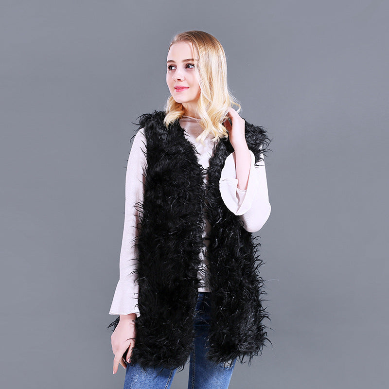Dames Gilet Kaftan en peluche en fausse fourrure avec décolleté en V profond et poches latérales Chic und Stil