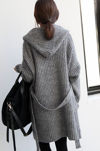 dames gros tricot long cardigan avec capuche et ouvertures frontales Chic und Stil