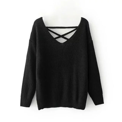 Pull en tricot pour femmes avec décolleté en V profond et design décoratif au dos Chic und Stil