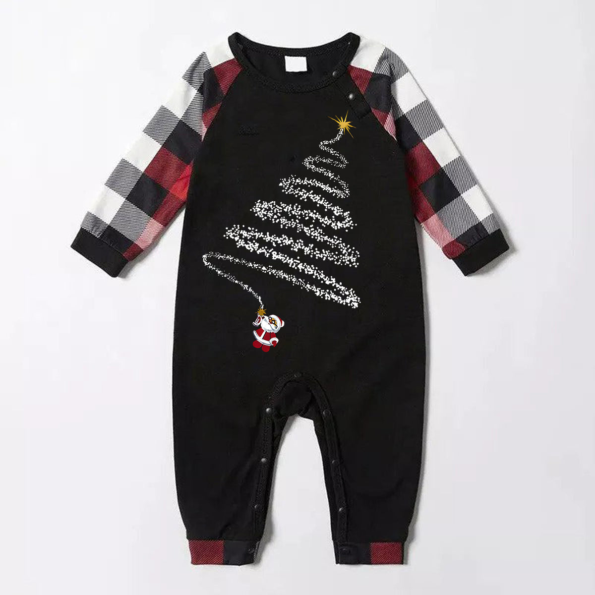 Chic und Stil | Santa Claus print pattern casual long sleeve sweatshirts contrast tops and red & black & white checked pants family matching pajama set with pet bandana