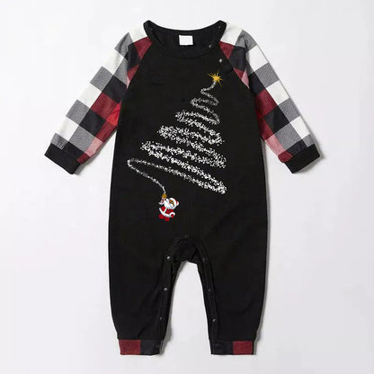 Chic und Stil | Santa Claus print pattern casual long sleeve sweatshirts contrast tops and red & black & white checked pants family matching pajama set with pet bandana