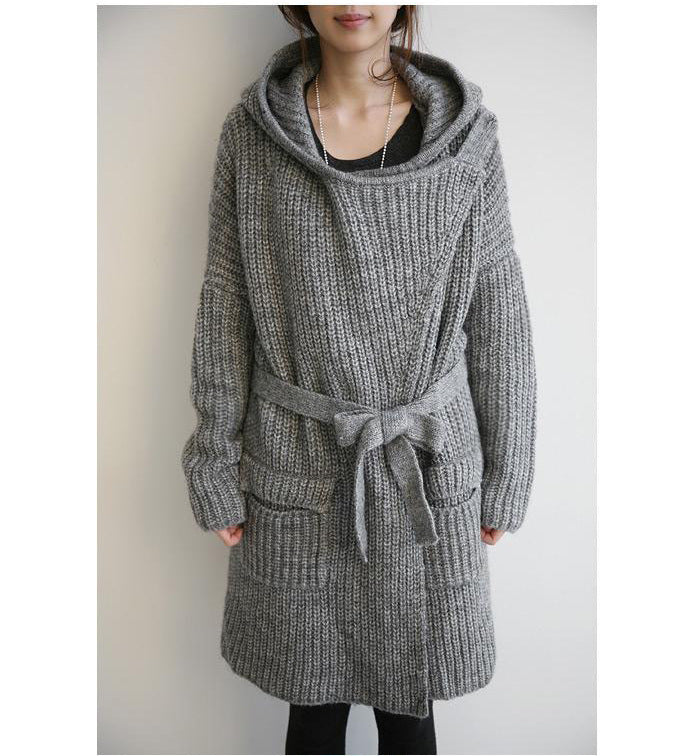 dames gros tricot long cardigan avec capuche et ouvertures frontales Chic und Stil