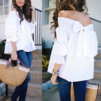 Blouse off-shoulder pour dames avec manches à volants et détail en nœud Chic und Stil
