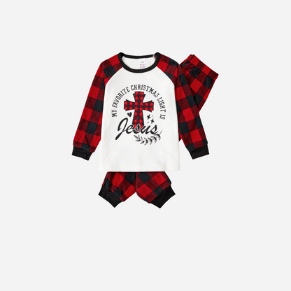 Chic und Stil | My favorite Christmas light is Jesus Family Christmas Pajama Set - White top with red checkered sleeves and red checkered pants