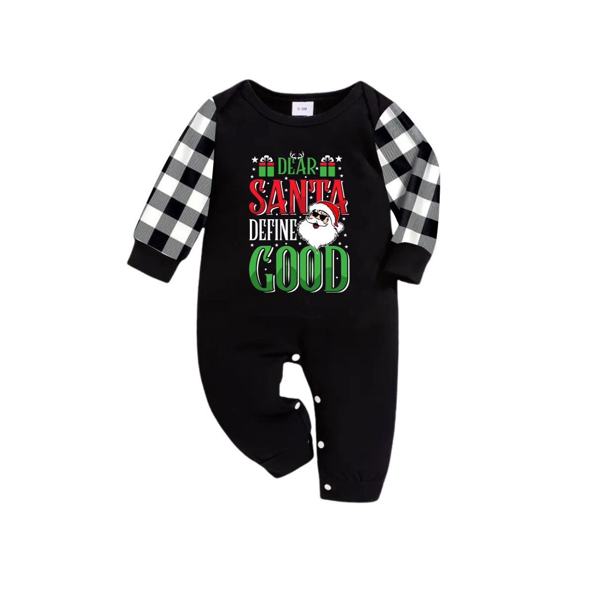Chic und Stil | "Dear Santa Claus, define good" slogan printed black-and-white checkered pants family matching pajamas