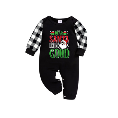 Chic und Stil | "Dear Santa Claus, define good" slogan printed black-and-white checkered pants family matching pajamas