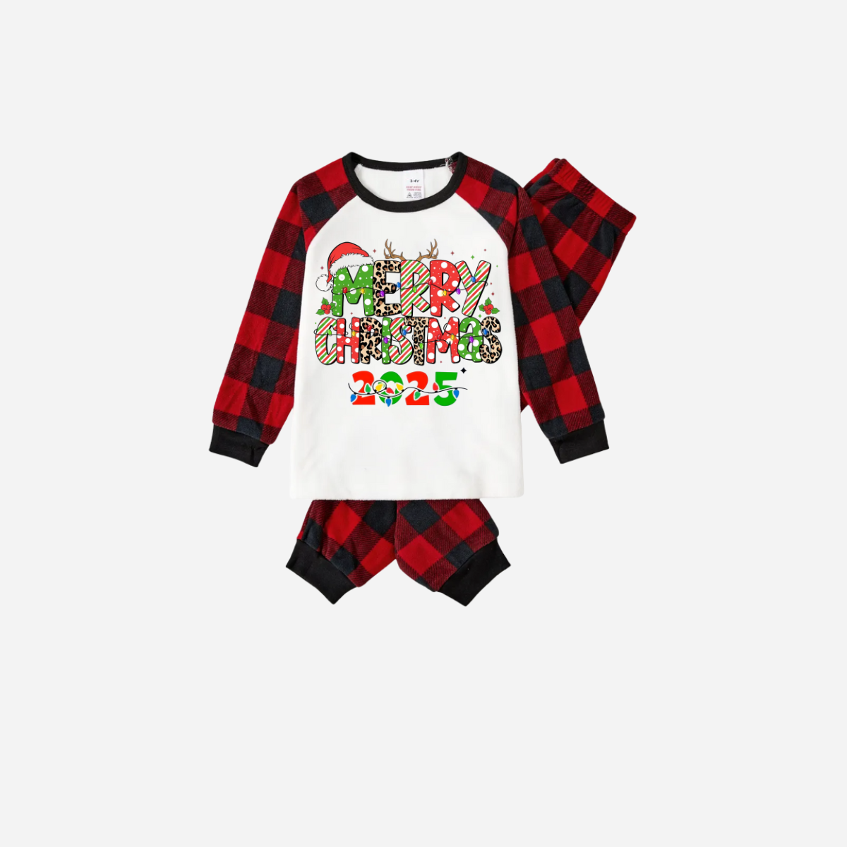 Chic und Stil | Merry Christmas 2025 Family Christmas Pajama Set - White Top with Red Checkered Sleeves and Red Checkered Pants