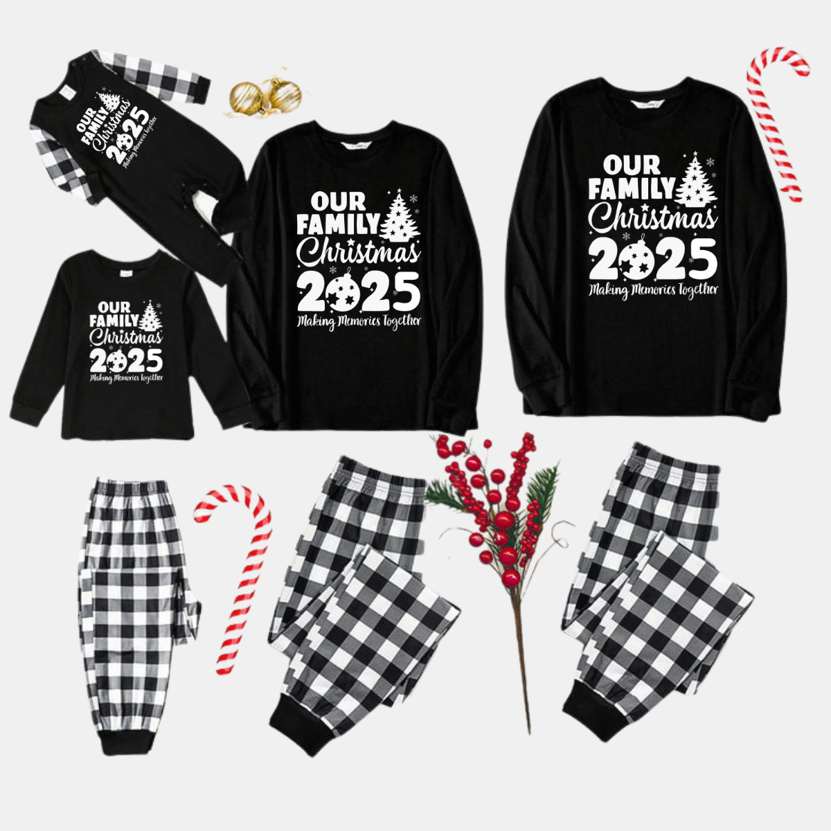 Chic und Stil | Our Family Christmas 2025 Joint Memories' Letter Print Black Long Sleeve Shirt with Black and White Checkered Pants Family Matching Pajamas