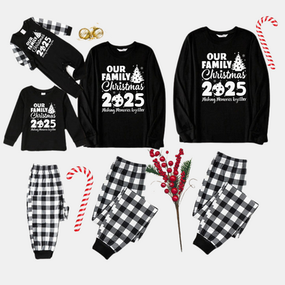 Chic und Stil | Our Family Christmas 2025 Joint Memories' Letter Print Black Long Sleeve Shirt with Black and White Checkered Pants Family Matching Pajamas