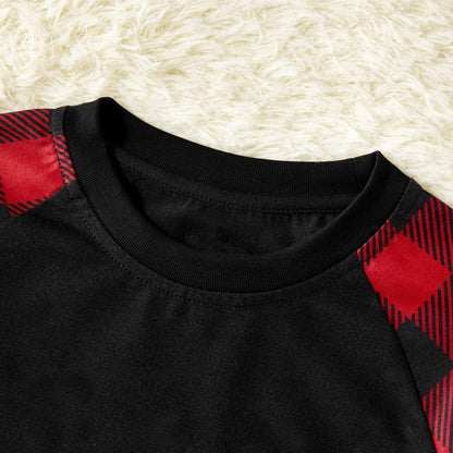 Chic und Stil | Christmas “Ho Ho Ho” Letters Print Santa Claus & Gingerbread & Moose Pattern Contrast Black Top and Black & Red Checked Pants Family Matching Pajama Set with Dog Bandana