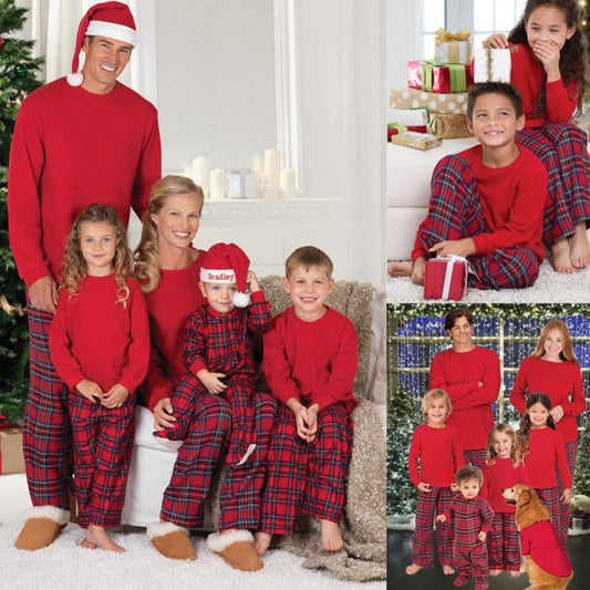 Chic und Stil | Pure Red Long Sleeve Christmas Pajama Top and Matching Long Checkered Pants for the Whole Family