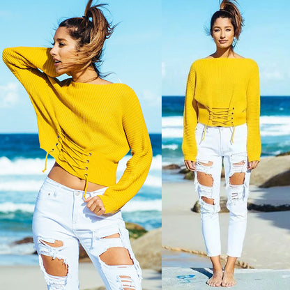 Pull-over court en tricot pour femmes avec des détails frangés et un laçage décoratif Chic und Stil