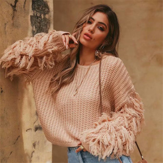 Pull structuré pour femmes avec des manches à franges originales Chic und Stil