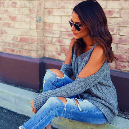 Pull en gros tricot pour femmes avec un design off-shoulder et des manches volumineuses Chic und Stil
