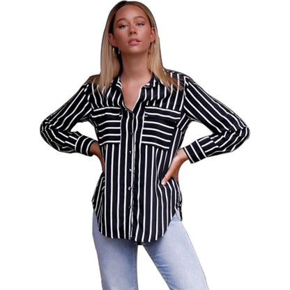 Dames Élégante blouse rayée avec poches et fermeture à boutons Chic und Stil