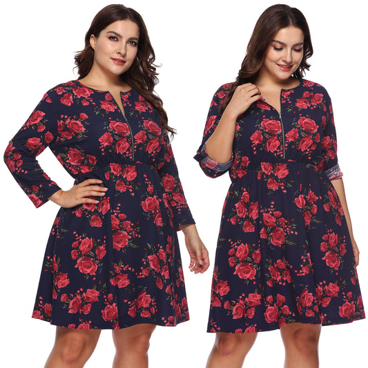Robe A-ligne pour femmes avec motif floral et manches roulables Chic und Stil