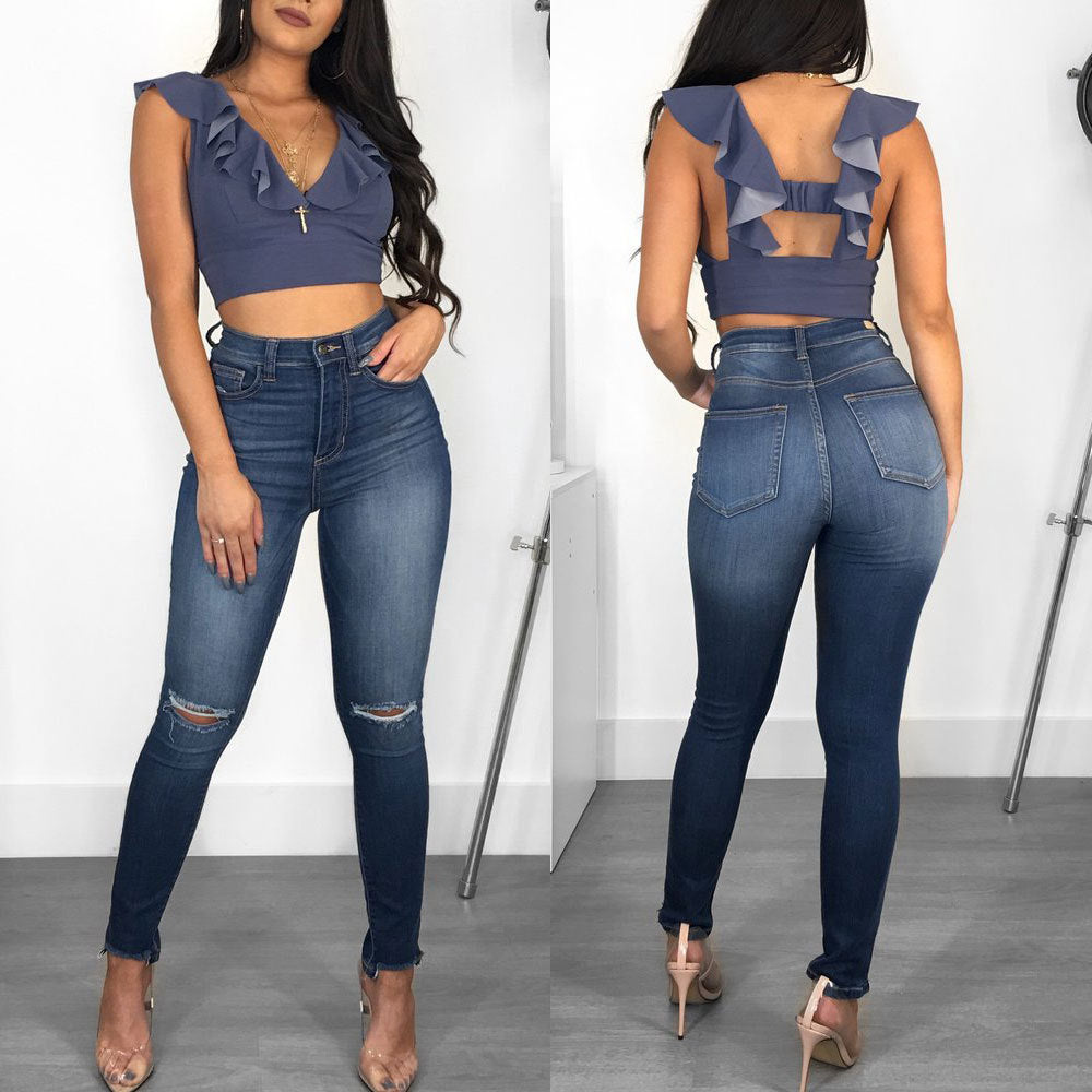 Women High-waisted Slim-fit Jeans with Ruffles and Trendy Chic Neckline