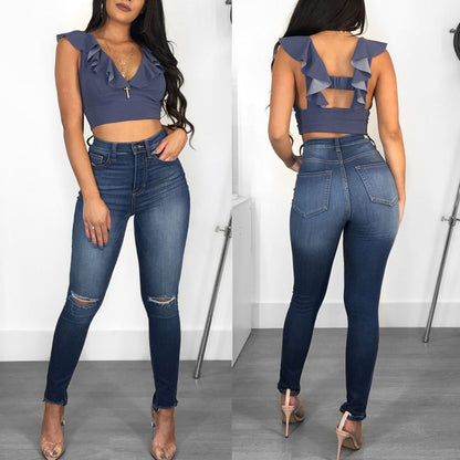 Women High-waisted Slim-fit Jeans with Ruffles and Trendy Chic Neckline