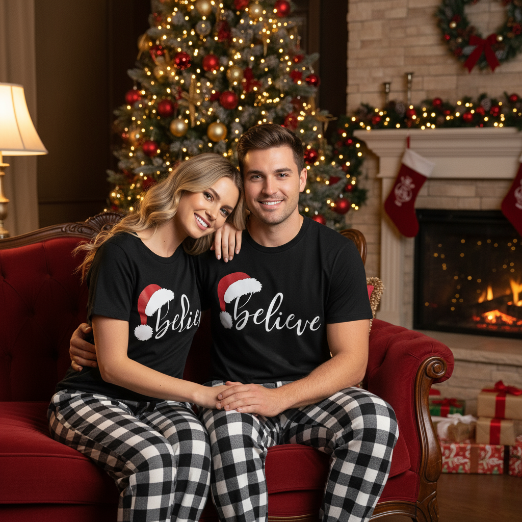 Chic und Stil | Faith Couple Christmas Pajama Set - Black Top Black and White Checkered Pants White Text Graphic