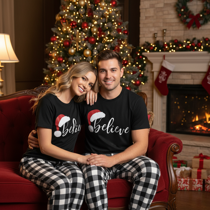 Chic und Stil | Faith Couple Christmas Pajama Set - Black Top Black and White Checkered Pants White Text Graphic