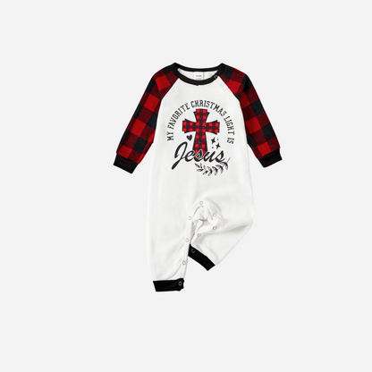 Chic und Stil | My favorite Christmas light is Jesus Family Christmas Pajama Set - White top with red checkered sleeves and red checkered pants