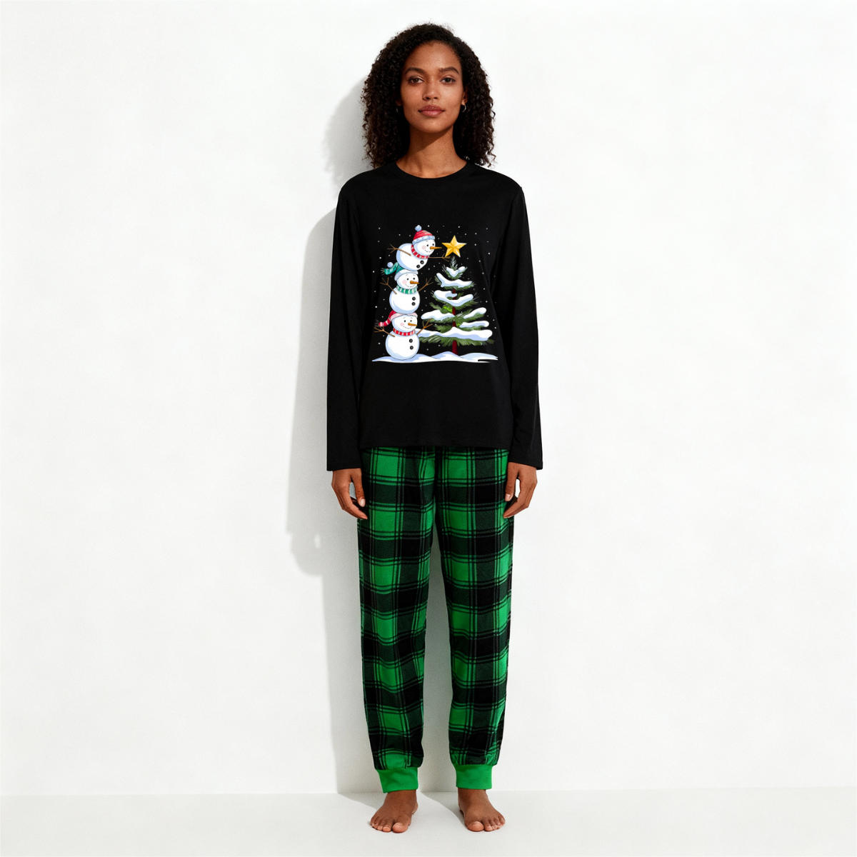 Chic und Stil | Christmas Family Pajama Set - Black Top and Green Checkered Pants with Snowman Comic Print
