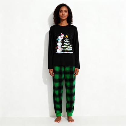 Chic und Stil | Christmas Family Pajama Set - Black Top and Green Checkered Pants with Snowman Comic Print